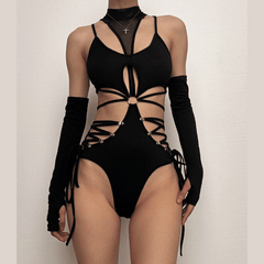 High neck o ring hollow out lace up gloves bodysuit