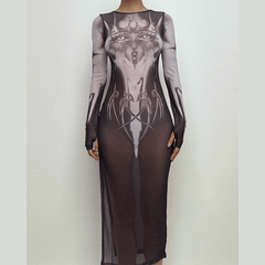 Long sleeve sheer mesh print midi dress