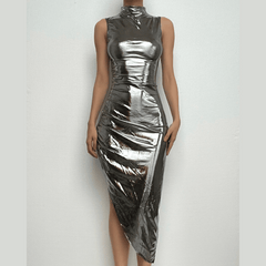 Metallic irregular high neck sleeveless ruched midi dress