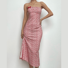 Heart print contrast slit bowknot backless tube midi dress