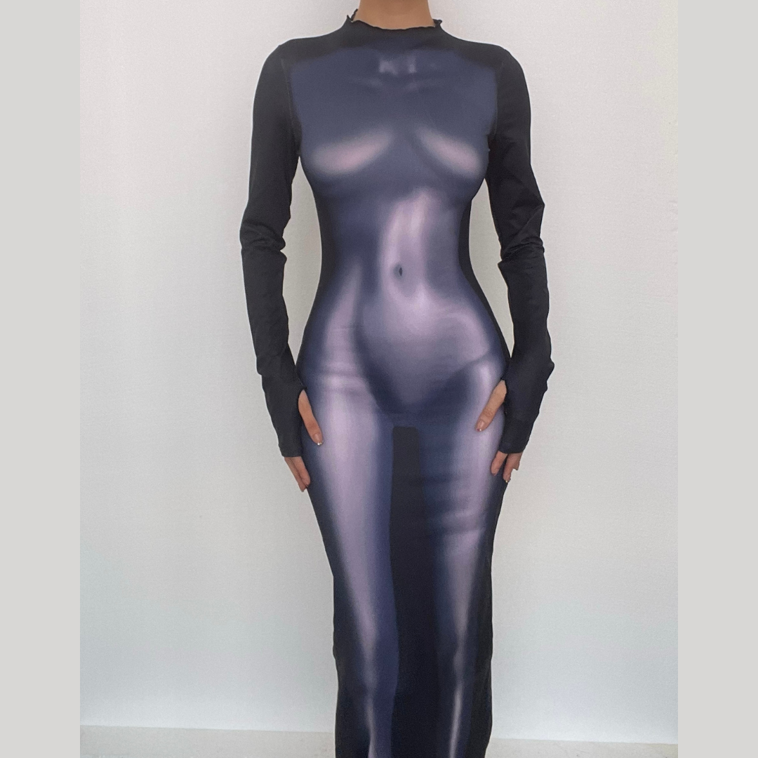 Long sleeve crewneck body print midi dress