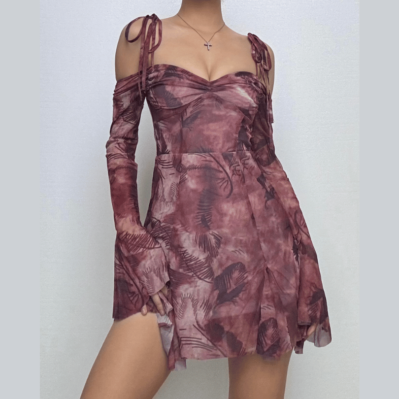 Long sleeve tie dye off shoulder ruched sweetheart neck self tie backless mini dress