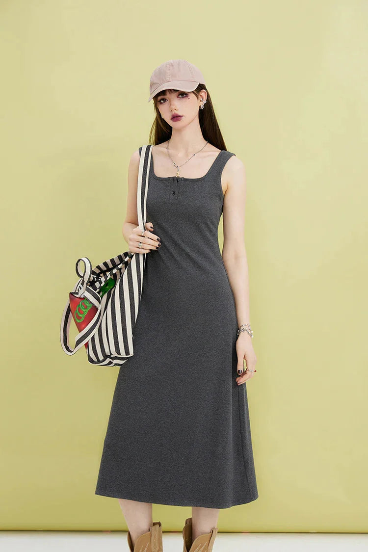 Basic Casual Button Up Midi Dress