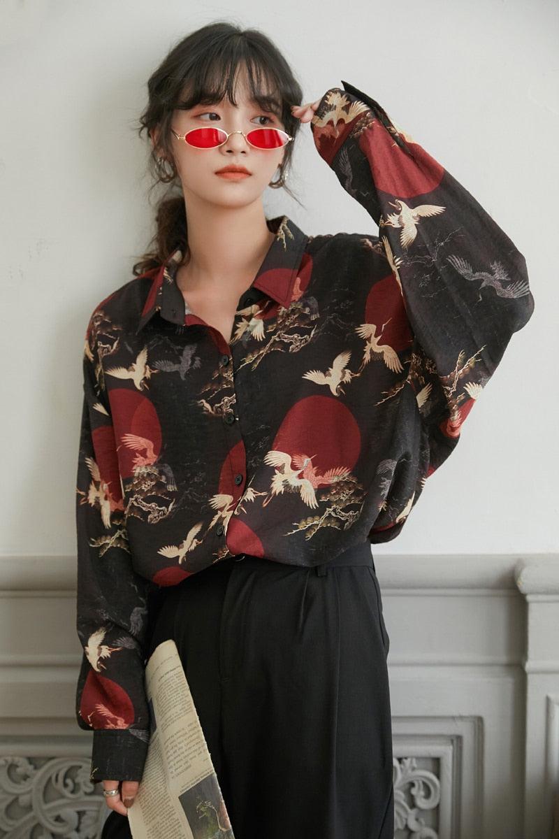 Bird Pattern Long Sleeve Shirt