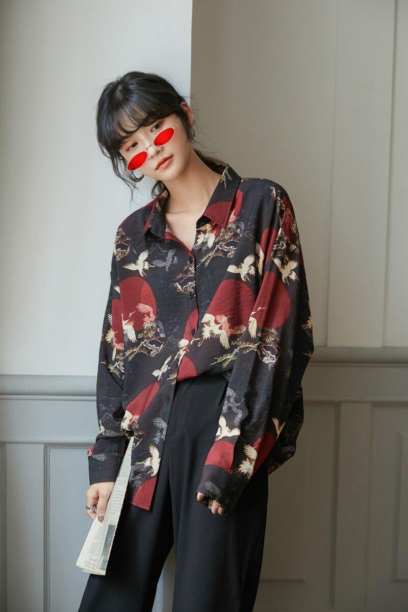 Bird Pattern Long Sleeve Shirt