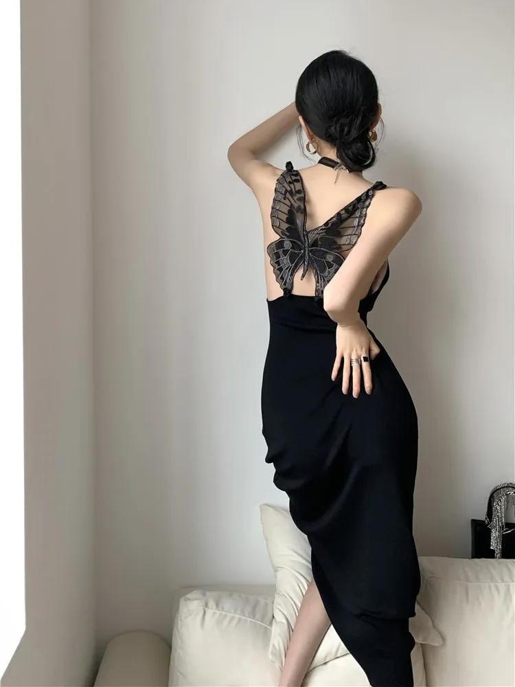 Black Butterfly Back Midi Dress