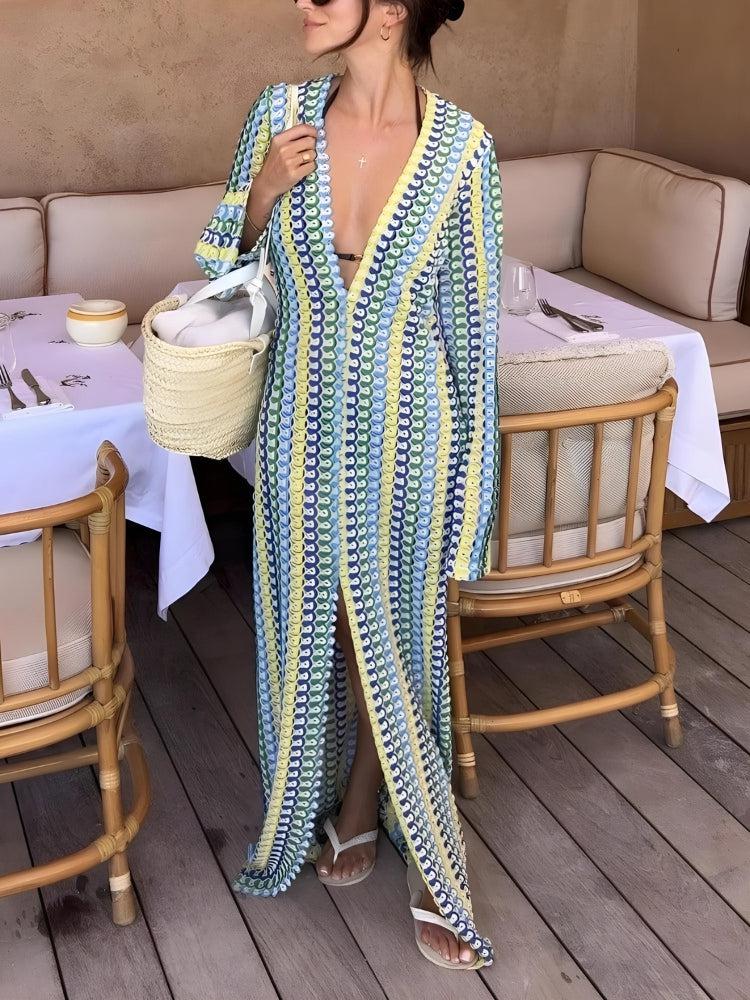 Crochet Striped Plunge Neck Maxi Dress