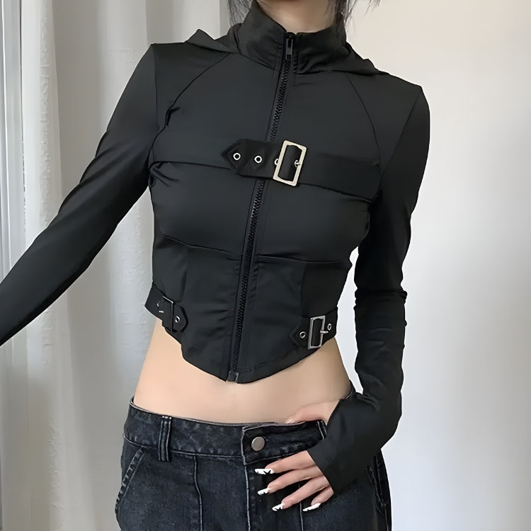 Cyberpunk Belted Zip-Up Crop Jacket