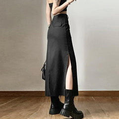 Dark Academia Side Slit Maxi Skirt