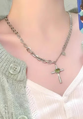 Goth Shiny Heart Cross Necklace