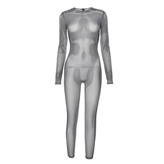 Long sleeve crewneck body print zip-up sheer mesh jumpsuit