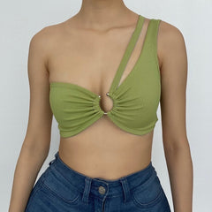 Hollow out o ring one shoulder backless ruched ribbed crop cut out top