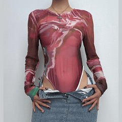 Long sleeve sheer mesh crewneck print bodysuit