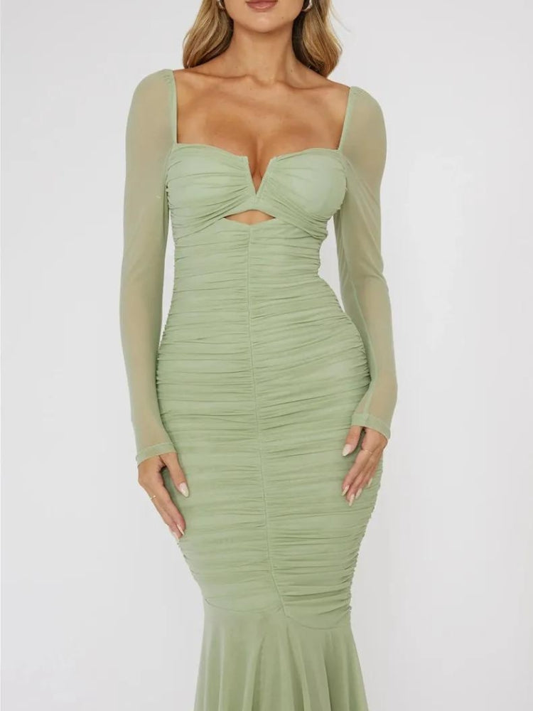 Mesh Ruched Bodycon Midi Dress