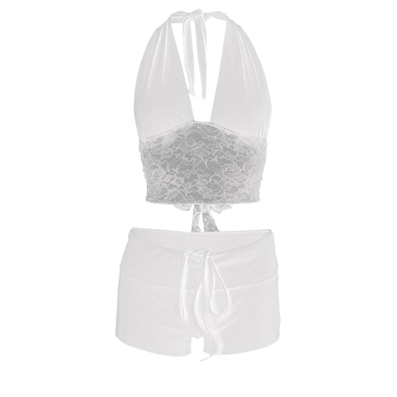 Halter lace hem drawstring ribbed crop pant set