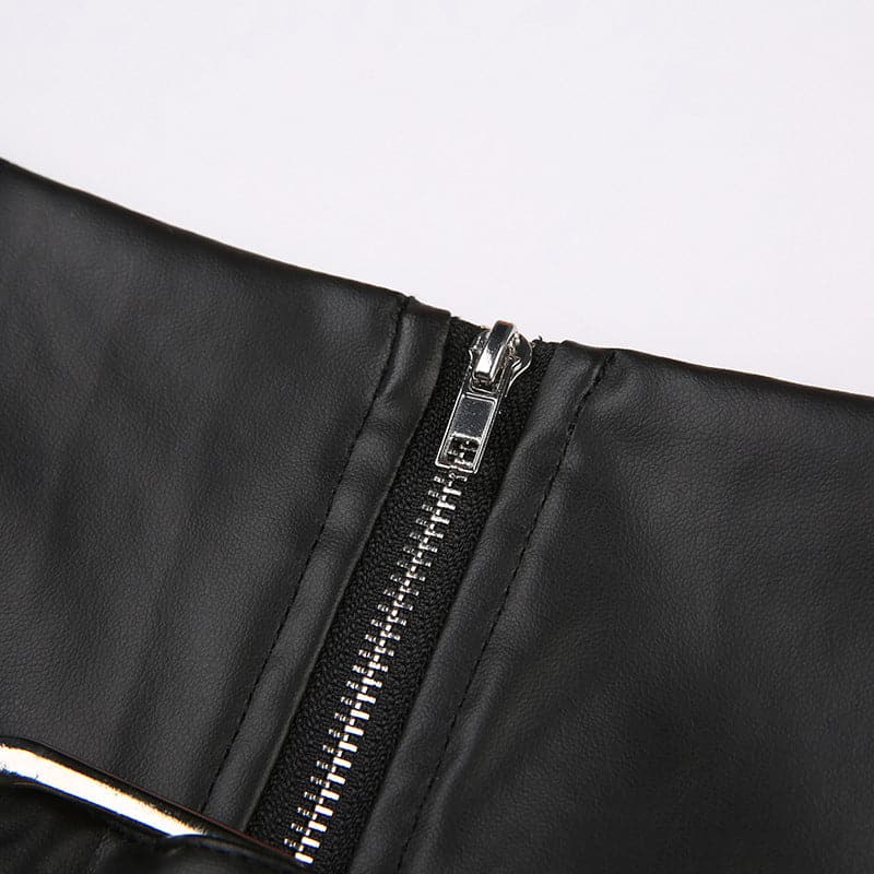 Buckle zip-up pleated low rise PU leather mini skirt