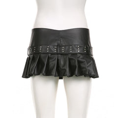 Buckle zip-up pleated low rise PU leather mini skirt