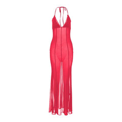 Halter v neck lace hem mesh see through stitch maxi dress- Final Sale