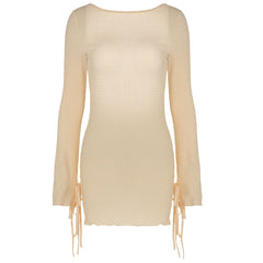 Long sleeve backless self tie mini dress