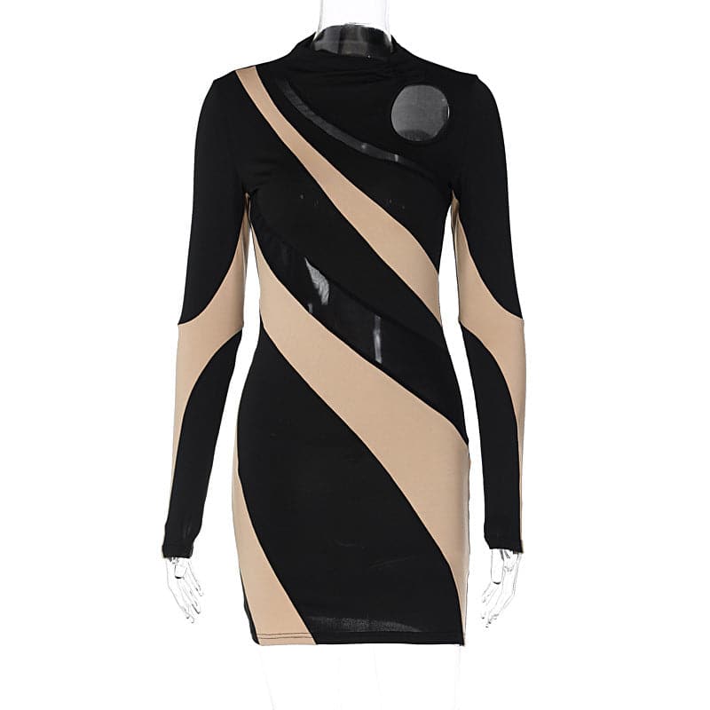 Long sleeve mesh contrast patchwork hollow out cut out mini dress