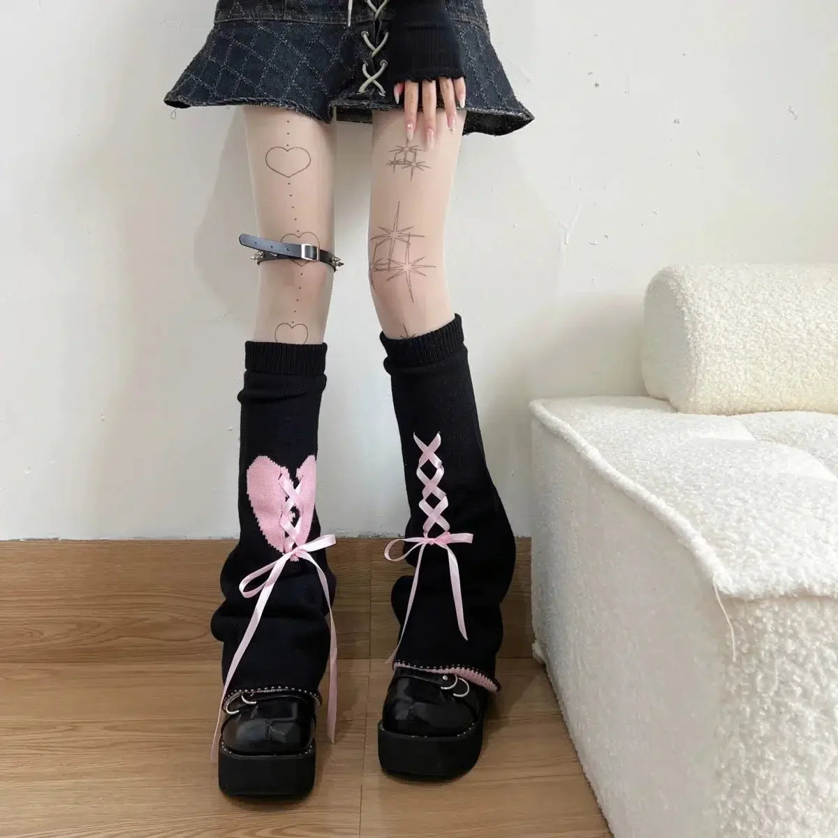 Pastel Goth Broken Heart Lace Up Leg Warmers