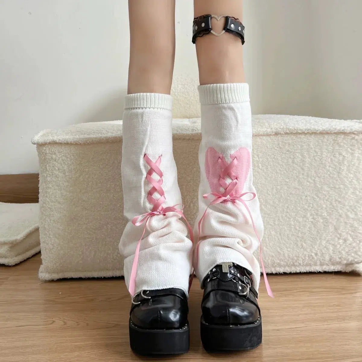 Pastel Goth Broken Heart Lace Up Leg Warmers