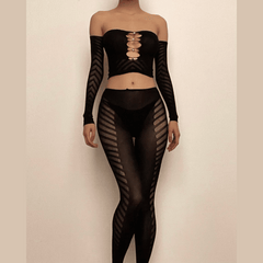 Hollow out fishnet off shoulder beaded long sleeve pant set