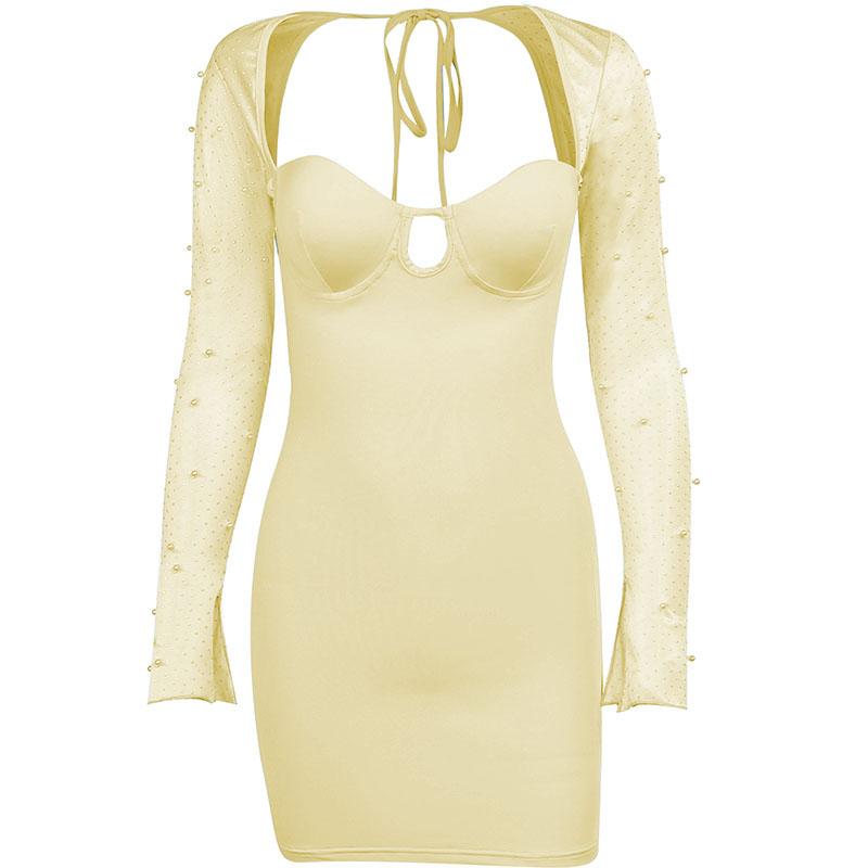 Long sleeve solid hollow out slit ruched beaded self tie backless cut out mini dress - Final Sale