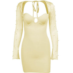 Long sleeve solid hollow out slit ruched beaded self tie backless cut out mini dress - Final Sale