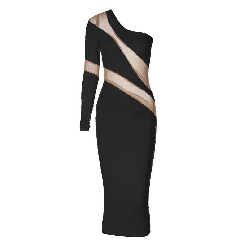 Long sleeve mesh backless one shoulder midi dress