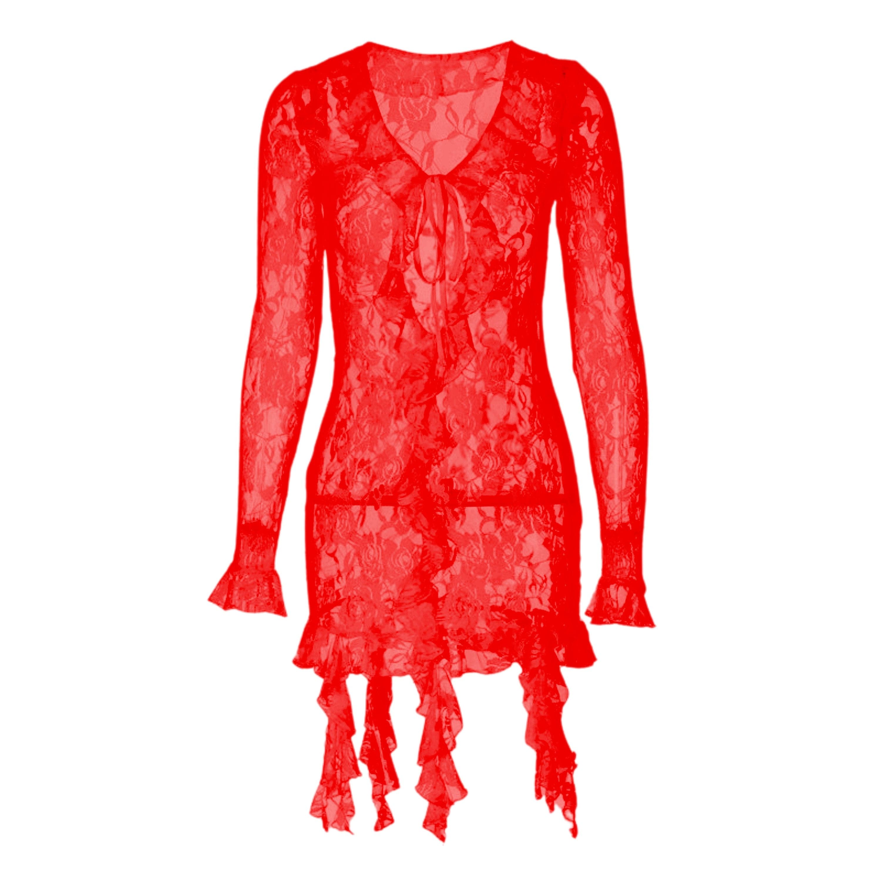 Long flared sleeve ruffle lace see through mini dress