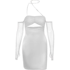 Mesh gloves solid halter ruched hollow out off shoulder cut out mini dress