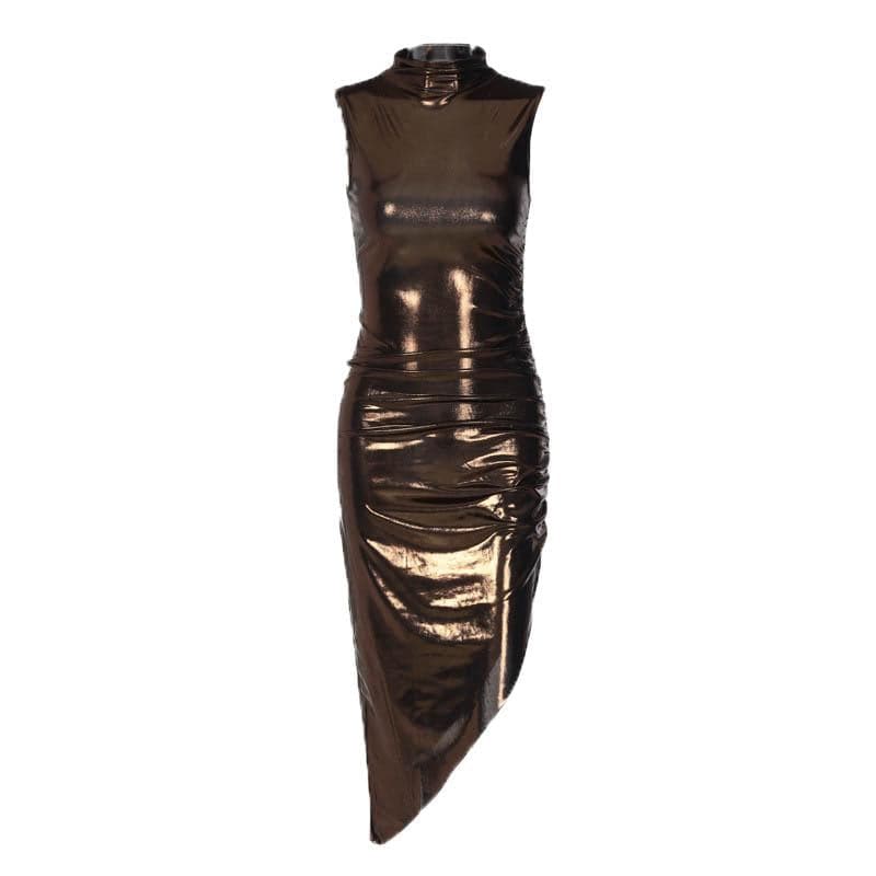 Metallic irregular high neck sleeveless ruched midi dress