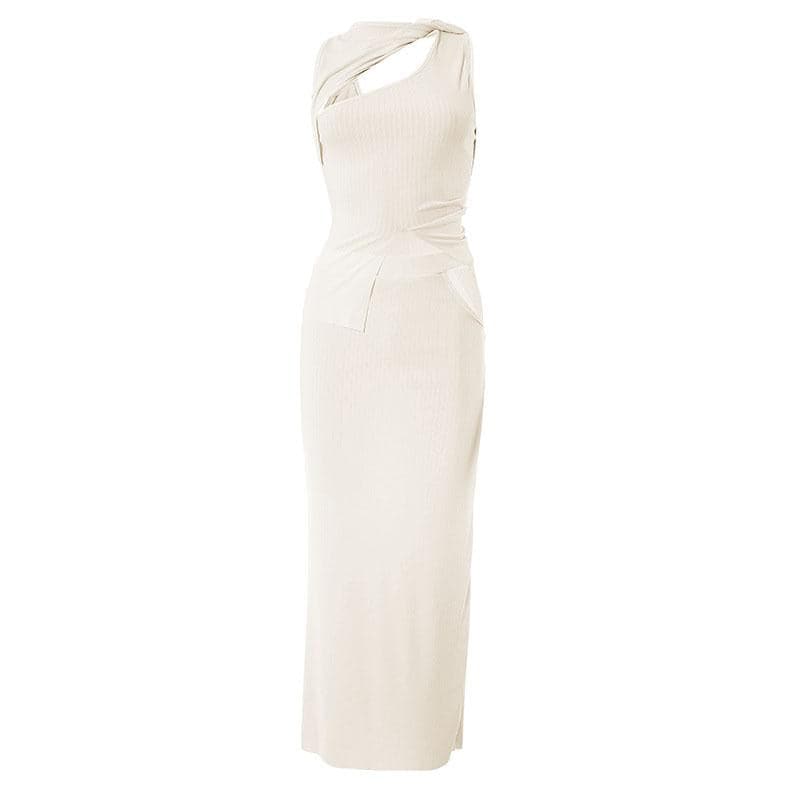 Hollow out solid knotted sleeveless irregular ribbed maxi skirt set- Final Sale