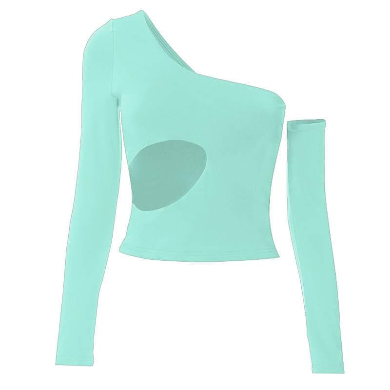 Hollow out solid one shoulder gloves irregular cut out top