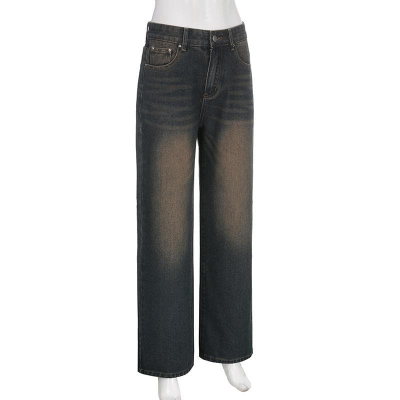 Gradient button straight leg high rise jeans