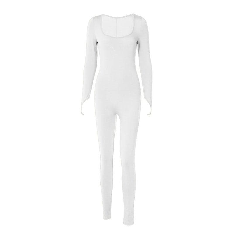 Long sleeve solid u neck slit jumpsuit