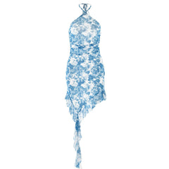 Halter ruffle tie dye irregular backless mini dress
