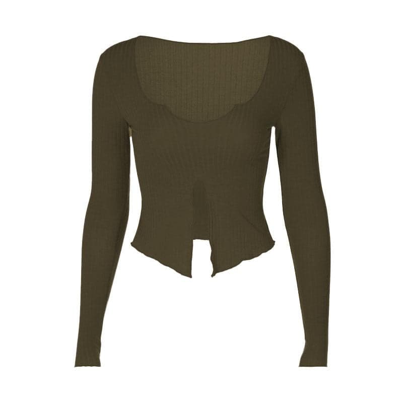 Long sleeve notch neck ruffle solid slit crop top