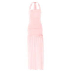 Halter ruched backless solid maxi dress