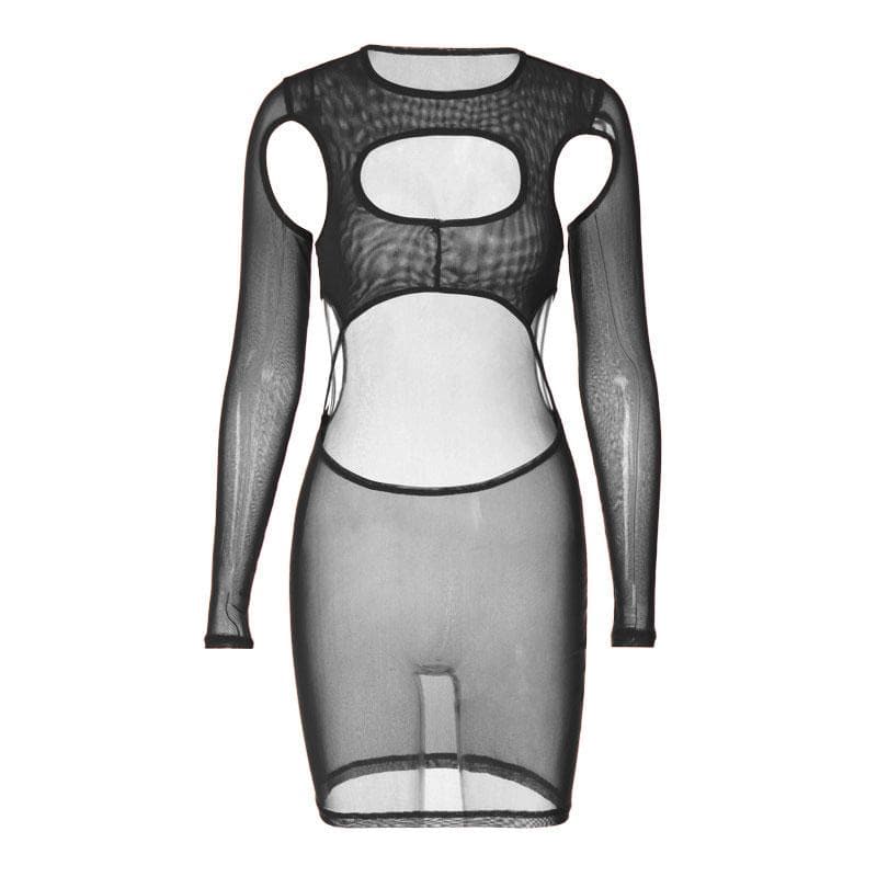 Long sleeve hollow out sheer mesh see through cut out mini dress