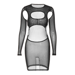 Long sleeve hollow out sheer mesh see through cut out mini dress