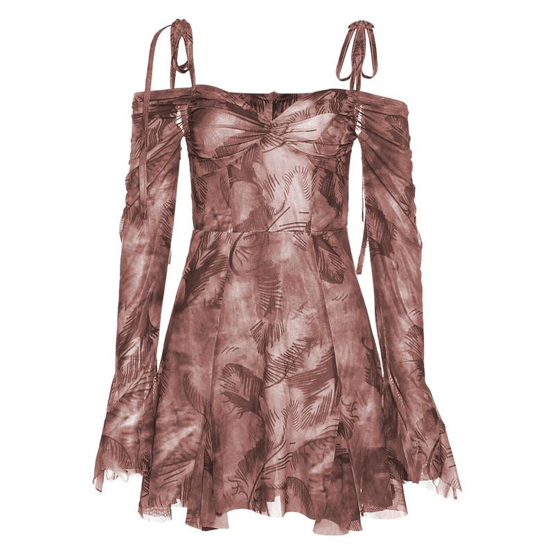 Long sleeve tie dye off shoulder ruched sweetheart neck self tie backless mini dress