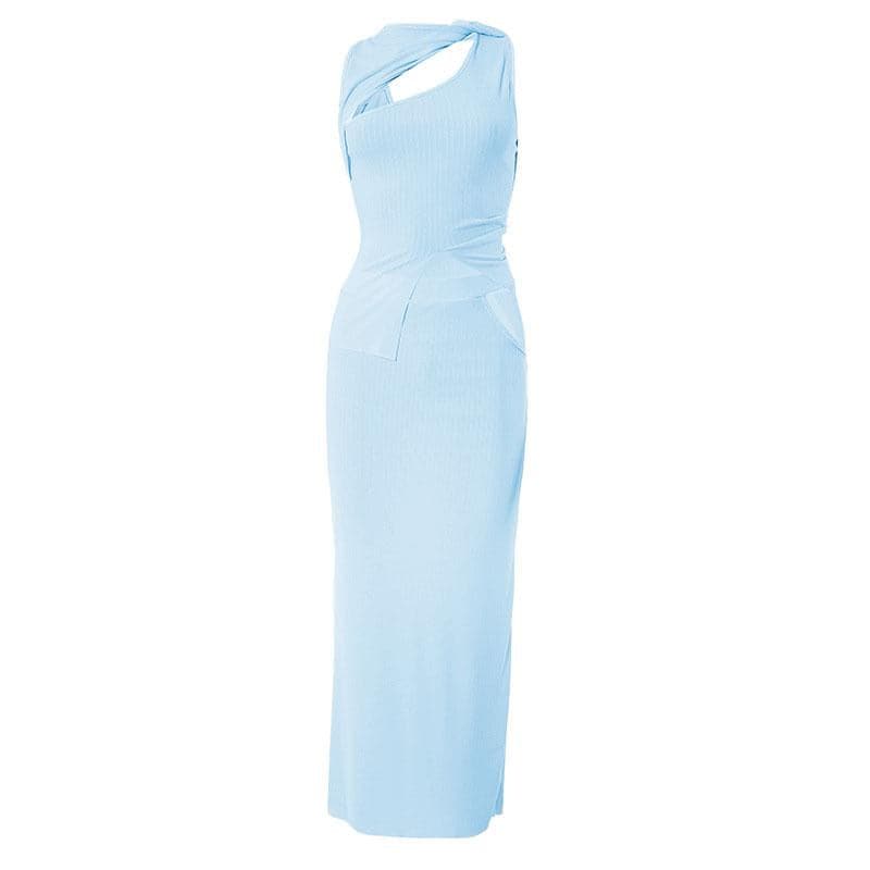 Hollow out solid knotted sleeveless irregular ribbed maxi skirt set- Final Sale