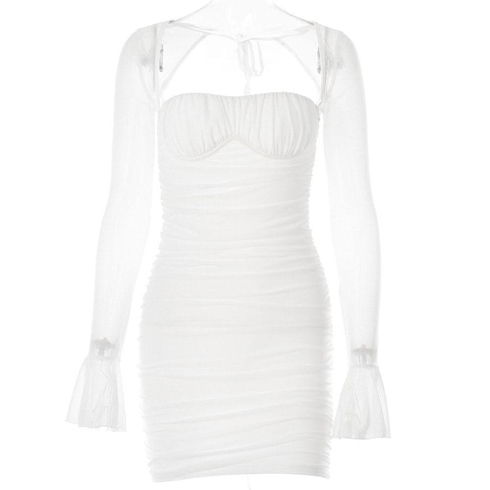 Mesh flared sleeve solid ruched zip-up lace up mini dress