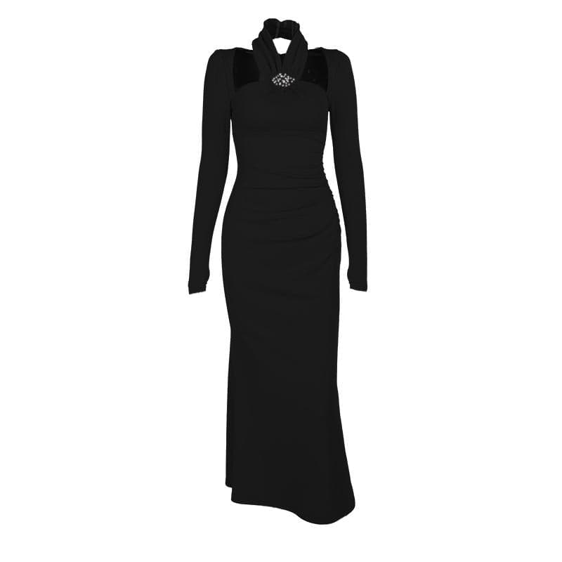 Long sleeve halter faux pearl applique ruched midi dress