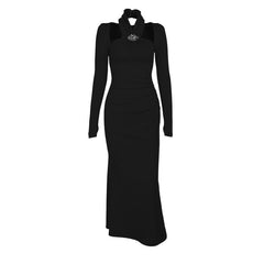 Long sleeve halter faux pearl applique ruched midi dress