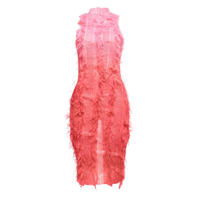 Gradient tassels hollow out see through crewneck cut out midi dress