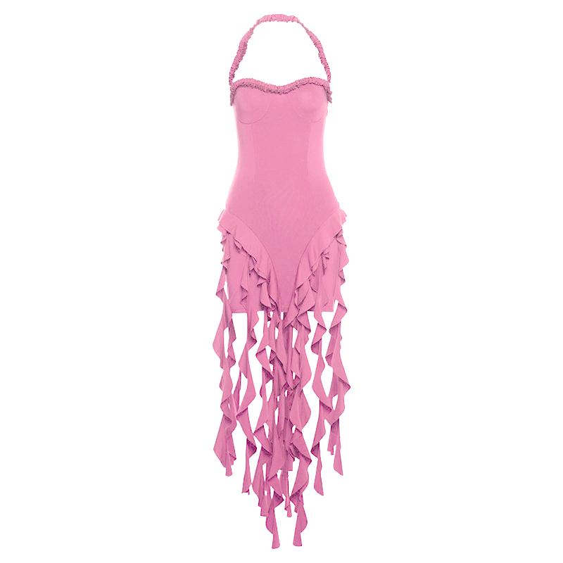 Halter ruffle sweetheart neck solid midi dress