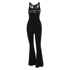 "WET" pattern beaded contrast u neck jumpsuit